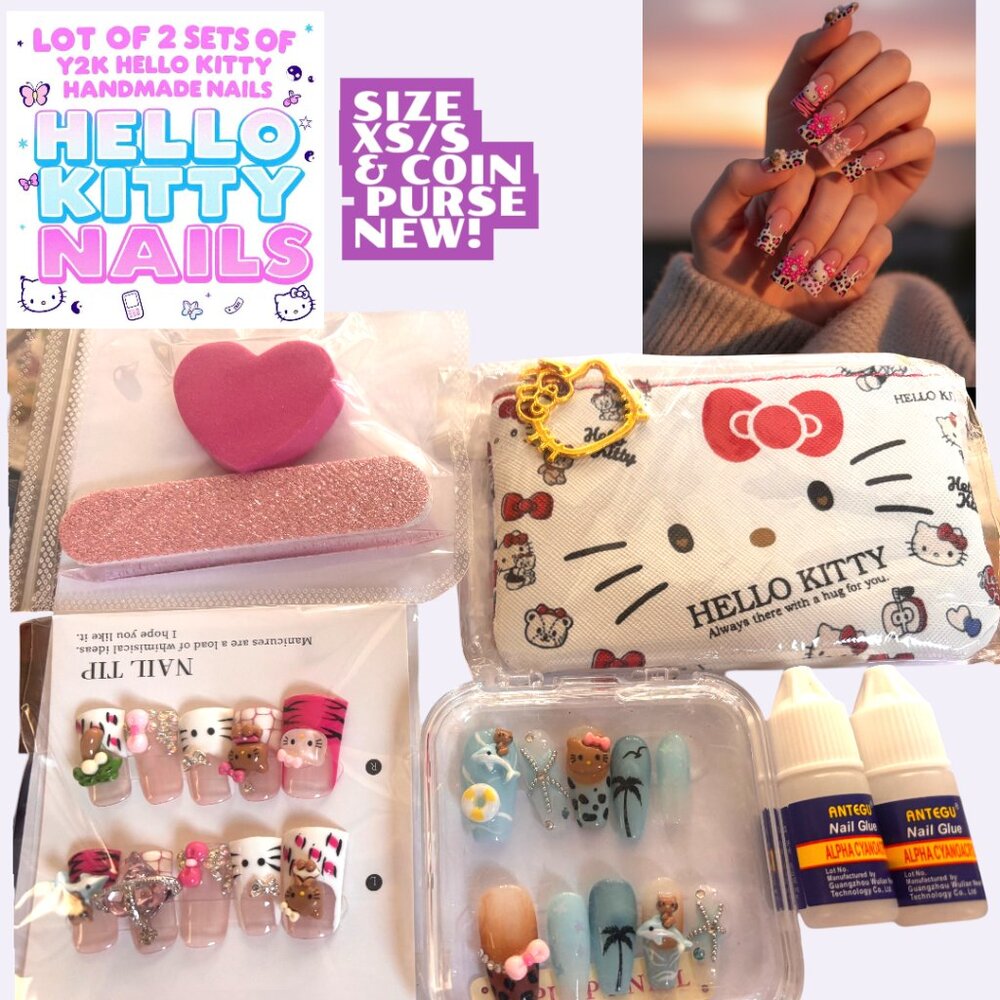 Y2K HANDMADE‎ NAILS BUNDLE OF 2 SET OF HELLO KITTY BEACH CHARM NAILS XS/S NEW!